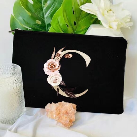 New Black Zipper Pouch with Floral Initial Detail - Multiple Available - Picture 6 of 15